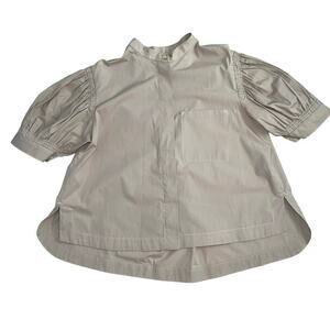 MNG Mango Puff Sleeve Button Up Blouse Top Neutral Tan Organic Cotton Size 4